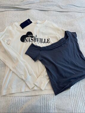 Brandy Melville White Nashville Logo Long Sleeve & Navy Off-Shoulder Top